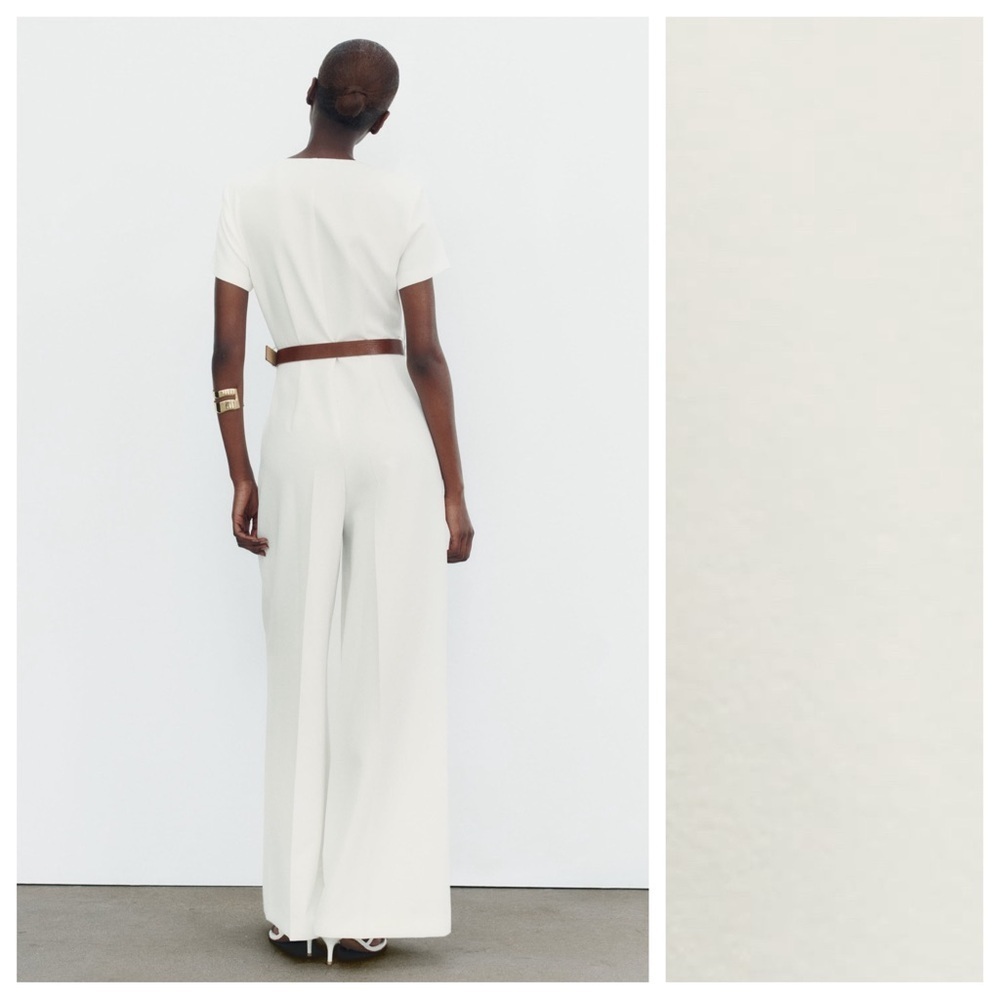 NWT. Zara White Belted Crepe V-neck Jumpsuit with Short Sleeves. Size L. - Picture 5 of 11